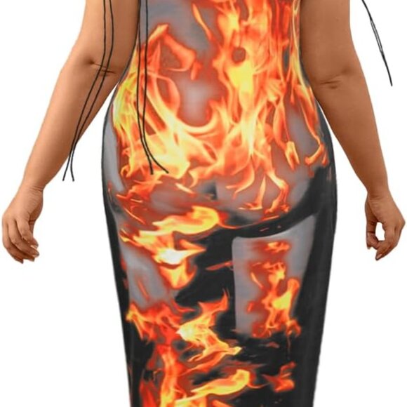 Y2K 3D Body Flame Print Women's Midi Dress Spaghetti Straps Sleeveless - Picture 5 of 8